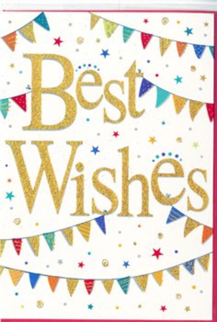 The congratulations card shown has a bright, modern charm that echoes the creative spirit of Leamouth's galleries and riverside studios. At its heart, the phrase Best Wishes is rendered in smooth, looping golden script that appears slightly embossed, with a fine glittered finish that catches and reflects available light in a subtle, elegant way. The lettering sits boldly against a pristine white backdrop, giving the message high contrast and clarity while retaining a sense of calm space around it. Above and below the text, strands of bunting form gentle curves, as though draped across a celebration at Trinity Buoy Wharf. Each tiny triangular pennant is painted in a vibrant colour-scarlet red, cobalt blue, emerald green, lemon yellow-and many carry simple patterns such as dots, diagonal stripes, or tiny mosaic-like shapes, adding variety without overwhelming the eye. These colourful garlands create a visual frame around the central message, guiding your gaze and adding a sense of joyful motion. Scattered around the bunting are small star shapes and round confetti dots in similar tones, dotting the white space with hints of playful excitement, as if caught in the moment after someone has thrown a handful of confetti into the air. The overall effect is one of lightness and positivity, with the clean design making it suitable for recipients of any age. This is the kind of card that would slip neatly into a bouquet for a job promotion, new home, or exam success, especially for someone starting a new chapter in or around Leamouth. It feels like a small but meaningful keepsake of that happy moment, a written wish for good fortune sent along with fresh flowers and the quiet hum of the nearby river.