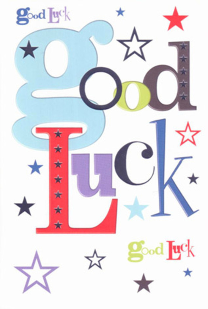 This image shows a delightfully upbeat good luck card, the sort of design that pairs perfectly with a bright, hand-tied bouquet sent across Leamouth for those big 'new beginning' moments. The card is photographed flat against a neutral background, its face completely visible and dominated by the central message Good Luck, written in a mix of eye-catching fonts and colours. The most striking letters are broad and pastel blue, soft and soothing, their edges slightly rounded so they feel friendly rather than formal. Tucked among them are slimmer letters in bold red, moody violet, and a muted moss green, each character distinct yet harmonising like different flower varieties gathered into one cohesive arrangement. Across the pristine white background, a lively flurry of stars is scattered, some tiny and faint like distant constellations, others more pronounced with strong outlines and filled-in colour. They shift through a palette of deep navy, rich indigo, sky blue, pale lavender, and pale lime accents, echoing the varied tones you might see in a mixed seasonal display in a local Leamouth florist's window. The spacing between the words and the stars is generous, letting the design breathe and giving it a contemporary, airy feel-as though the card itself is taking a deep, steadying breath before cheering you on. The surface looks like premium, smooth cardstock, likely with a matte finish that resists glare and feels velvety when held, ideal for penning a heartfelt wish before tucking it into a bouquet delivery bound for a riverside office, a creative studio near Trinity Buoy Wharf, or a new home along the Lea. The overall mood is one of gentle celebration and sincere support, caught in a simple, beautifully balanced composition.