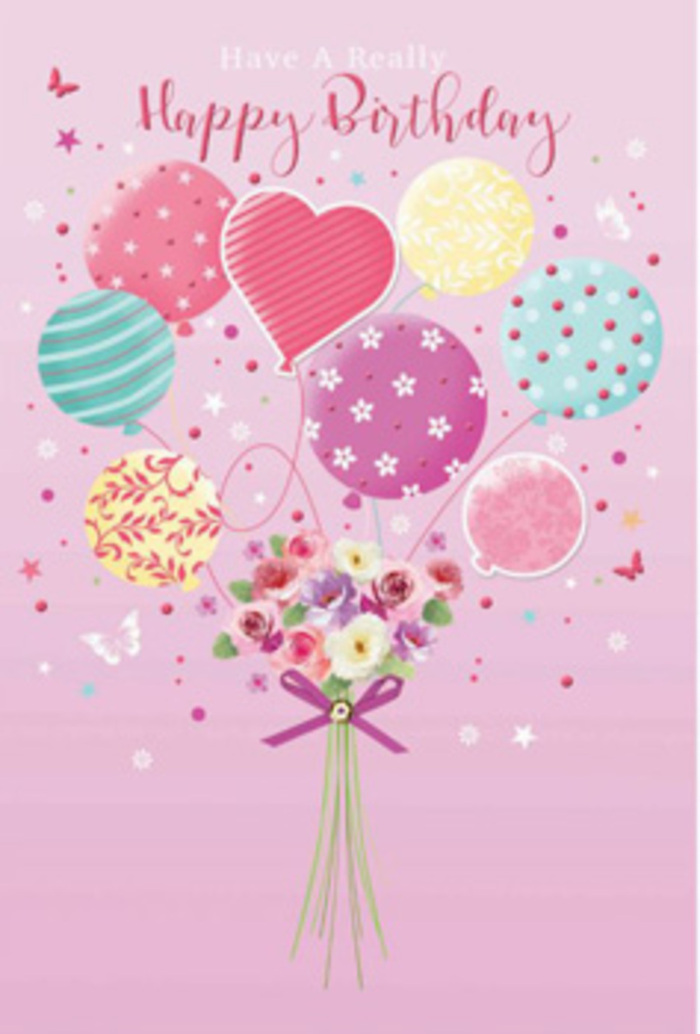 There is a mood of gentle, glowing celebration in this birthday illustration, as if the design itself were rising over the waterways and creative corners of Leamouth. A soft pink backdrop gives the impression of early evening light, warm and serene, while a central cluster of balloons lifts a delicate bouquet upwards in a soft arc. The balloons are warmly coloured in pastel shades of pink, sea green, lemon, and lavender, with each sphere offering a different, cheerful pattern: flowing ribbons, candy-striped bands, scattered dots, and small floral embellishments that recall confetti tossed in the air. At the heart, a more prominent balloon and a heart-shaped form appear, subtly emphasising love and affection. Just below, attached as if their stems were tethered to the sky, a hand-tied bouquet rounds out the composition. The flowers resemble petite roses and daisy-like blossoms in shades of cream, blush, mauve, and dusky rose, their petals carefully layered and softly shaded as though painted by hand. The imagined fragrance is sweet and soothing, like stepping into a local Leamouth flower studio where fresh stems are trimmed and arranged at dawn. A deep violet satin bow gathers the stems, its sheen catching the gentle highlight that also sparkles across the balloons. Light star shapes and fluttering butterflies hover around the bouquet, offering a touch of fantasy, as though the entire arrangement might slowly drift along the river toward the Thames. The overall feel is refined yet playful, the sort of birthday artwork chosen by someone in Leamouth who wants their greeting to be uplifting, romantic, and visually rich with detail.