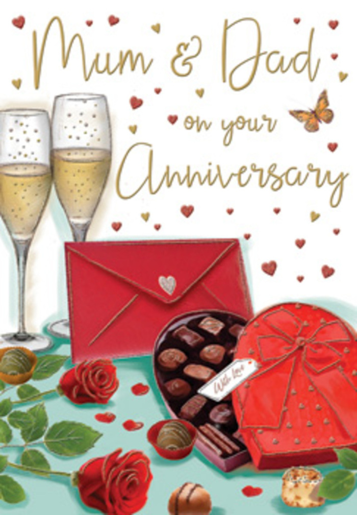 The anniversary card artwork presents a tender scene that seems to echo the calm, reflective mood of Leamouth's waters at dusk, dedicated especially to Mum and Dad. At its heart, two opulent red roses lie side by side, petals drawn in velvety layers of crimson and ruby, their edges softly ruffled as though just placed there by a careful florist's hand. The blooms are framed by deep green leaves, adding a sense of fullness and freshness, reminiscent of flower deliveries arriving at riverside homes near Trinity Buoy Wharf. Positioned in front is a heart-shaped chocolate box, slightly open so the viewer can see neatly arranged chocolates within, each piece shaded to appear smooth, glossy, and tempting. The lid of the box wears an elaborate red bow, its satin-like loops rich in colour and gently catching the light. Behind, two tall champagne flutes stand together, filled with sparkling golden fizz. Tiny bubbles rise through the liquid, giving the impression of movement and the soft clink of glasses as an anniversary toast is shared. Across the background, tiny gold and crimson hearts float playfully, guiding the eye toward the hand-lettered Mum & Dad inscription, written in a warm, flowing style that feels personal and heartfelt. Nearby, a bright scarlet envelope lies ready, suggesting a lovingly written message tucked inside. The whole composition radiates warmth and celebration, like a quiet evening in Leamouth when flowers, chocolate, and champagne come together to honour a lifetime of shared experiences and enduring love between parents.