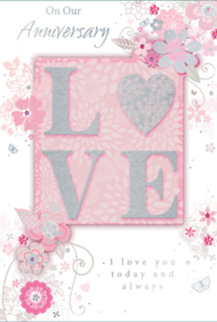 The anniversary card depicted here feels like stepping into a tranquil, sunlit nook overlooking the water in Leamouth, where love is honoured in small, everyday gestures. At its centre, the word LOVE stands proudly in raised lettering, each letter covered with a frosted, glittery finish that sparkles gently rather than glaring brightly. The tactile quality of the word invites fingertips to linger, much like the lingering gaze shared between long-time partners. Around this central motif, wispy, hand-drawn blossoms and slender sprays trace the edges of the card, creating a soft border that looks almost like a floral wreath unfurling along the banks of the nearby River Lea. The flowers are drawn with delicate lines and shaded in subtle tones of blush pink, lilac, and creamy white, interspersed with fine grey stems and leaves. Tiny flourishes-curving filigree lines, dainty buds, and near-hidden butterflies-add visual interest, suggesting the flutter of hearts on an anniversary morning. These motifs float across a smooth, rosy-pink backdrop, which deepens slightly near the edges, giving the impression of quiet depth. An understated but heartfelt message, such as I love you today and always, appears in a graceful, flowing script, positioned beneath or alongside the central LOVE, as though whispered softly into the design. The composition as a whole resembles a hand-tied bouquet transformed into paper, carefully balanced and artfully arranged, much like the anniversary designs created for couples in and around Leamouth's modern riverside apartments. Every detail conveys warmth, gratitude, and hope for the years still to come, turning the card into a keepsake that mirrors the steady, enduring rhythm of a shared life.