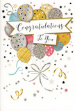 This image portrays an elegant, cheerful congratulations card, its design echoing the bright, open vistas around Leamouth and the nearby river. The card's front is dominated by a lively array of illustrated balloons gathered into a single, cohesive cluster that rises from the lower edge like a bouquet held just out of frame. Their rounded shapes overlap in soft layers, painted in a refined palette of gold, silver, champagne, sky blue, muted pink, and cool grey. Many of the balloons feature fine decorative details-tiny star patterns that recall a clear night sky over London City Island, slim bands of stripes that add rhythm, and sections washed with glitter that catches the light like reflections on the water. The textures are suggested so vividly that you can almost imagine the slight drag of glitter beneath your fingertips. From their bases, narrow ribbons in metallic gold and silver trail down in meandering, curling lines, weaving gently across one another as they descend. Around the balloon cluster, small stars, dots of confetti, and swirling flourishes drift freely over a soft, neutral background, adding a sense of lightness and festivity without overcrowding the composition. Across the middle of the balloons floats a graceful banner, its edges subtly curling, framing the message Congratulations To You written in elegant, flowing script. The lettering adds a touch of formality while still feeling warm and personal. The mood is one of gentle celebration and sincere admiration, ideal for marking milestones such as a promotion, qualification, or personal achievement for someone living or working around Leamouth, and a perfect companion to a thoughtfully chosen bouquet delivered locally.