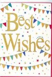 This card captures the essence of a cheerful celebration by the Leamouth docks, translated into gold, white, and vivid blocks of colour. At the centre, the words Best Wishes appear in an elegant, free-flowing golden script that seems raised from the card, with a soft glittered sheen that glows when the light catches it. The gold letters sit cleanly on a crisp white background, creating a sense of clarity and calm around the message while keeping it undeniably festive. Above and below the text, strings of bunting arc gracefully, evoking decorations strung between riverside buildings during a community event. Each small triangular flag is painted in a lively shade-bright blue, warm red, fresh green, sunny yellow-and some feature simple, playful patterns, giving a handcrafted, personal touch. These colourful garlands cradle the message like a celebratory frame. Sprinkled throughout the surrounding space are tiny stars and round dots, arranged like a flurry of confetti mid-air, hinting at laughter and shared joy. The overall layout feels balanced and carefully considered, with enough white space to keep the design from feeling crowded, while still bursting with optimism. This is a versatile congratulations card, perfect for sending love and encouragement for graduations, promotions, new ventures, or moving into a new apartment overlooking the Leamouth waterfront. Paired with a fresh flower arrangement delivered locally, it becomes a thoughtful way to mark a special moment, carrying with it a gentle reminder of support, pride, and hopeful beginnings.