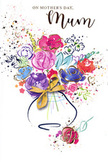 This expressive Mother's Day card features a vibrant, watercolour-style bouquet that looks as if it has been quickly yet lovingly painted in a light-filled Leamouth studio overlooking the river. At the heart of the composition, bold blossoms in cerise, fuchsia, and deep magenta swirl together, shaped by fluid indigo lines that trace their petals in gentle curves. Around them, softer clouds of lavender, sky blue, apricot, and soft green overlap in transparent layers, suggesting a mix of spring flowers that blend harmoniously rather than standing in sharp detail. Delicate strokes of metallic gold accent some petals and foliage, giving the bouquet a subtle, celebratory gleam, reminiscent of evening light reflecting on the Thames near Leamouth. The flowers emerge from a small, rounded vase, loosely painted in muted tones with a stylised golden bow around its middle, hinting at the ribbons tied on fresh bouquets ready for doorsteps nearby. Beyond the main arrangement, tiny hearts, dots, and paint splashes float freely across the white background, as if joy and colour are spilling outwards, mirroring the excitement of planning a surprise for Mum. The overall mood is affectionate and modern, with an emphasis on gesture and emotion rather than exact botanical detail. It feels like a fresh, artistic interpretation of a Mother's Day bouquet, radiating warmth, gratitude, and the kind of tender appreciation that families across Leamouth might wish to express on this special day.