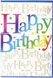 This birthday card design captures the bright, spirited mood of a Leamouth gathering, as if the front were already humming with a chorus of well-wishers. The central focus is the phrase Happy Birthday, written in large, rounded letters that seem to bounce lightly across the card. Each letter is coloured differently, forming a rainbow gradient that glides from deep cherry reds and playful pinks into cool blues, aqua, fresh greens, and finally into mellow, golden tones, echoing the ever-changing colours reflected on the rivers around Leamouth as the day turns to evening. The transitions between colours are soft and seamless, giving the text a dreamy, almost luminous quality, more like gently blended pigments than strict blocks of ink. Behind this joyful headline, the background is covered in a repeating pattern of Happy Birthday to you scripted in fine, golden cursive. The handwriting is delicate yet flowing, with loops and curves that shimmer subtly as though printed in metallic foil, ready to catch every small movement of light. This layer of gold script forms a refined backdrop that adds depth, texture, and a feeling of continuous celebration. Tiny flecks of sparkle and subtle glints sit among the words, suggesting confetti or the soft glow of birthday candles in a dimly lit room. The overall finish of the card appears smooth and gently glossy, promising a pleasant, sleek feel in hand. It is the kind of card that would look perfectly at home propped beside a bright bouquet and a slice of cake, turning a simple birthday message into a full, colourful moment of joy.