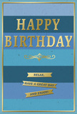 This birthday card carries a mood of quiet celebration, combining cool blue tones with refined gold details in a way that reflects the calm, contemporary character of Leamouth's riverside homes. The front is filled with substantial horizontal stripes of blue, layered from deep navy at the outer edges through softer, ocean-like hues and gentle sky blues at the centre. The colour shift is subtle yet noticeable, giving an ombre effect that feels like gazing across water under a changing sky. In the middle, the phrase HAPPY BIRTHDAY stands out in large, embossed gold capitals. The letters are clean and confident, and the metallic finish glints softly when the light falls across them, adding a touch of understated glamour. Directly beneath the main greeting, a decorative golden flourish spreads outward, its looping curves providing a classical counterpoint to the modern simplicity of the stripes. Below this flourish are three slim gold banners, stacked one above the other in the lower portion of the card. Each ribbon holds a portion of an easy, conversational wish: Relax, have a great day and enjoy! Together, they sound like a gentle nudge to pause, breathe, and savour the day, much as you might pause to watch boats drift past on the Thames near Leamouth. A fine gold line frames the entire card, containing the design and lending it a sense of completion. The card stock looks smooth and substantial, with the matte blues contrasting against the glossy, raised gold. It's a design that would pair beautifully with fresh flowers delivered across Leamouth, ideal for a thoughtful birthday surprise in a modern riverside setting.