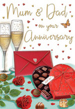 This richly detailed anniversary card illustration creates an atmosphere of cosy celebration, as if arranged on a Leamouth coffee table before the candles are lit for Mum and Dad. At the centre, a pair of luxurious red roses is laid gently on the surface, their petals shaded in deep crimson and soft scarlet, creating a velvety texture that calls to mind a freshly tied anniversary bouquet from Flower Delivery Leamouth. The roses are surrounded by glossy green foliage that frames them with natural elegance. In front, a heart-shaped chocolate box sits invitingly open, its interior filled with carefully illustrated truffles in different tones of chocolate brown, each piece shaped to look smooth and indulgent. A lavish red bow sits proudly on the lid, its ribbon drawn with fluid, satin-like folds that echo the drama of the roses. Just behind, two tall champagne flutes stand close together, filled nearly to the brim with golden fizz; delicate bubbles rise within each glass, catching an imagined glow like reflections from the nearby river at night. Scattered across the background, small gold and crimson hearts dance around the central composition and frame a warm, hand-lettered Mum & Dad message. To one side, a scarlet envelope lies slightly askew, sealed and ready, hinting at tender words written in a familiar hand. The entire scene feels intimate and heartfelt, evoking the kind of anniversary moment Leamouth families cherish-where flowers, chocolates, and champagne are shared in gratitude for years of love, partnership, and family memories.
